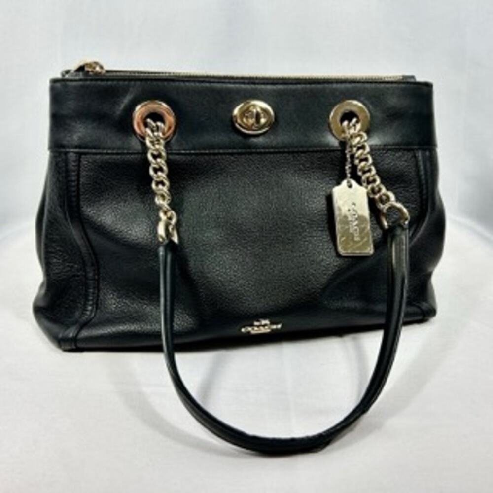 COACH Turnlock Edie Carryall Satchel Bag Black Leather Gold Hardware